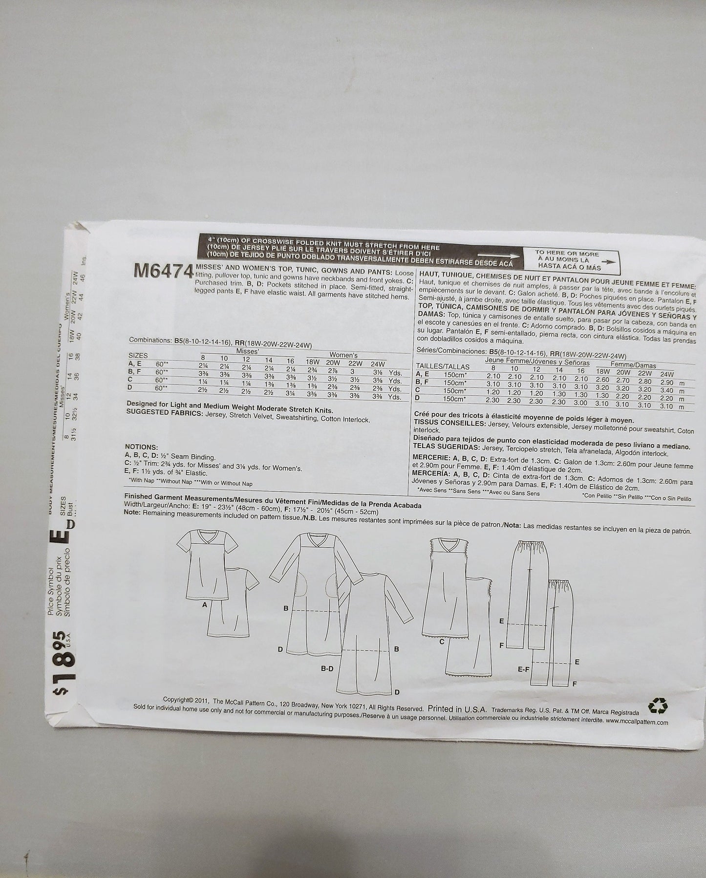 McCalls pattern, womens tunic, womens gowns, womens tops, womens pants, loose fitting, womens pullovers, 6474, sizes 18W-24W, uncut