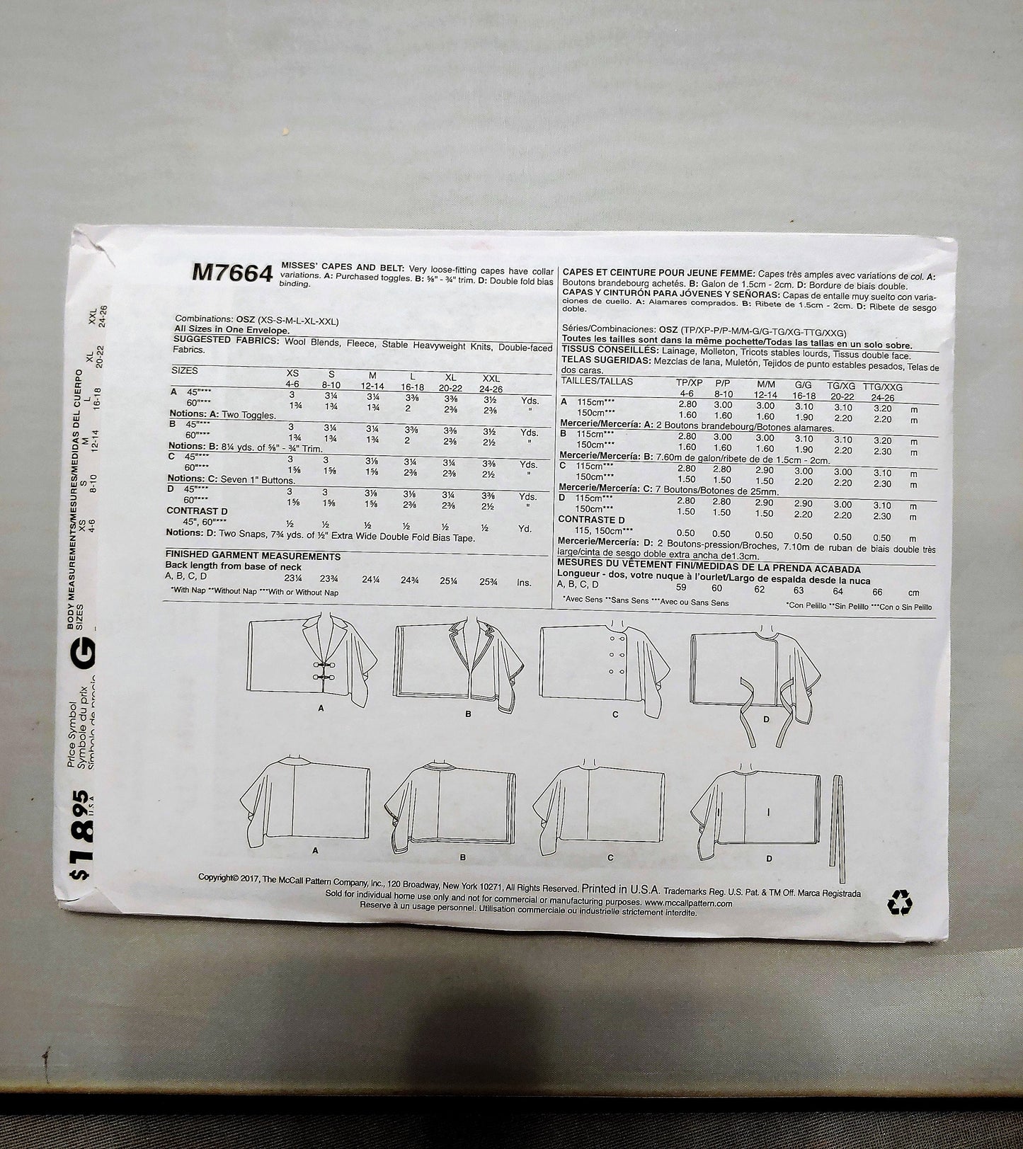 McCalls pattern, misses capes, womens capes, misses belts, loose fitting cape, misses jacket, number 7664, size Xsm-XXlg
