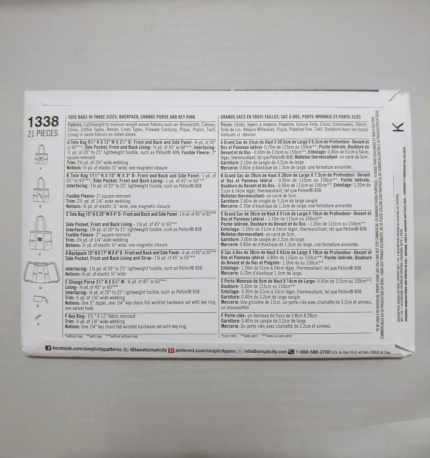 Simplicity pattern, tote bag pattern, totes 3 sizes, number 1338, size 0ne size, uncut condition, free athletic alphabet download