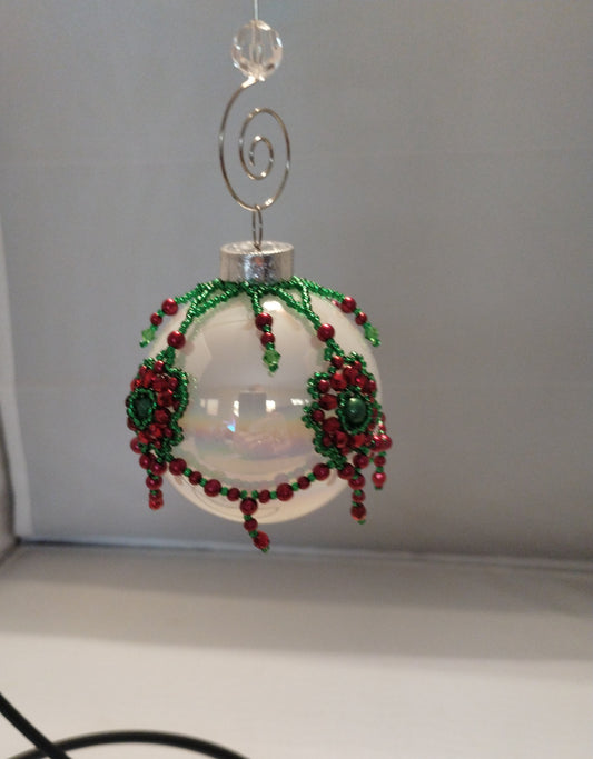 Hand crafted beaded, ornament cover, glass Czech beads, red and green floral ornament, glass ornament,