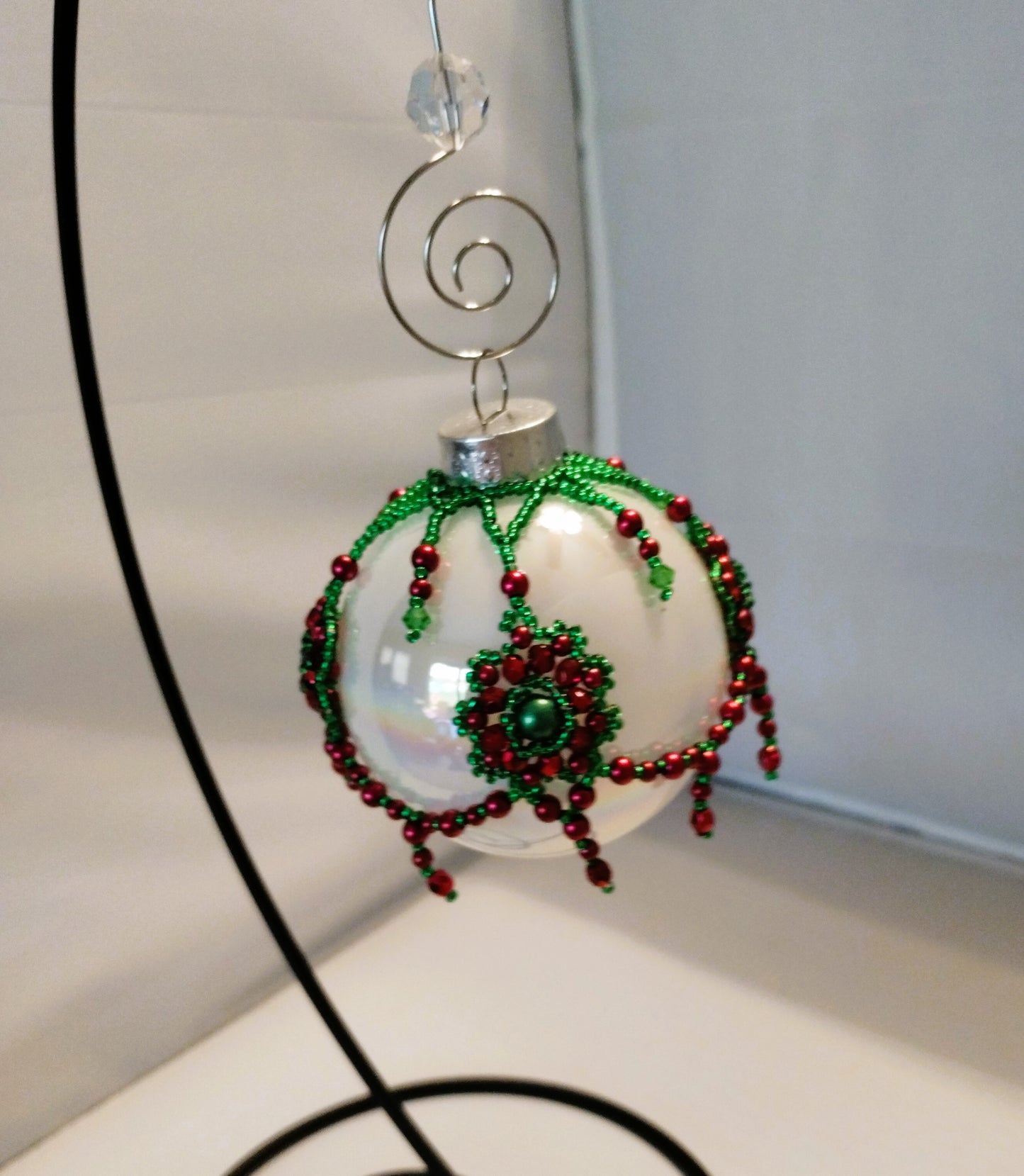 Hand crafted beaded, ornament cover, glass Czech beads, red and green floral ornament, glass ornament,