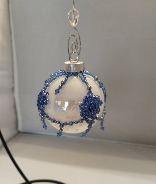 Hand crafted beaded, ornament cover, glass Czech beads, sapphire blue floral ornament, glass ornament, Christmas ornament, Christmas bauble,