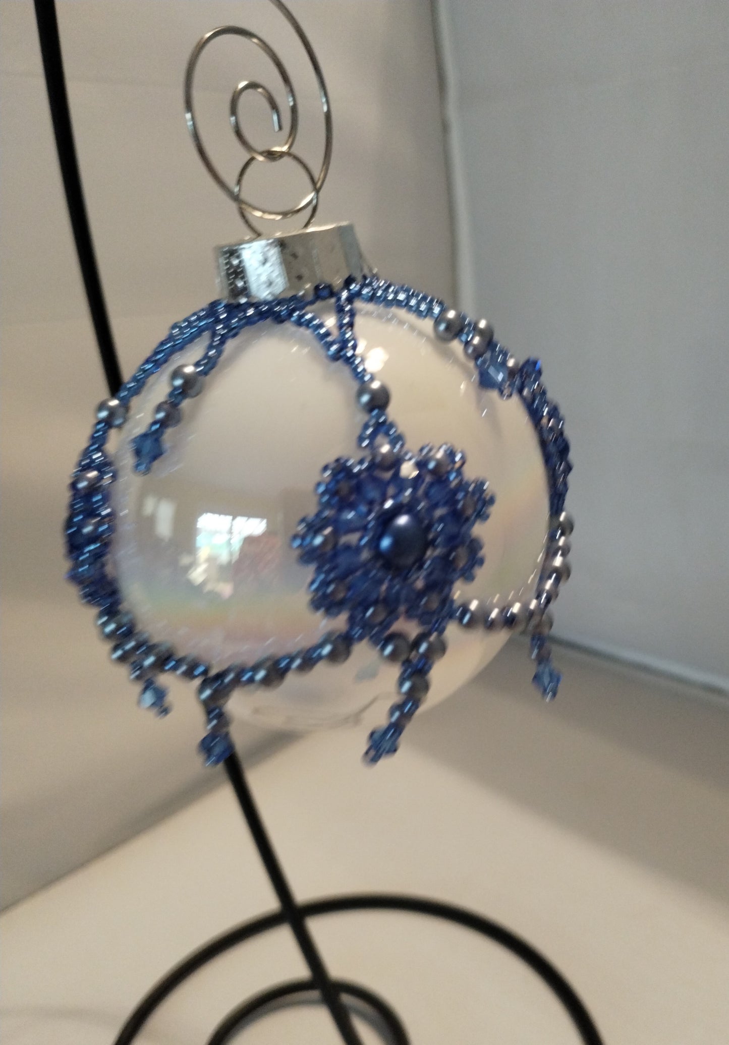 Hand crafted beaded, ornament cover, glass Czech beads, sapphire blue floral ornament, glass ornament, Christmas ornament, Christmas bauble,