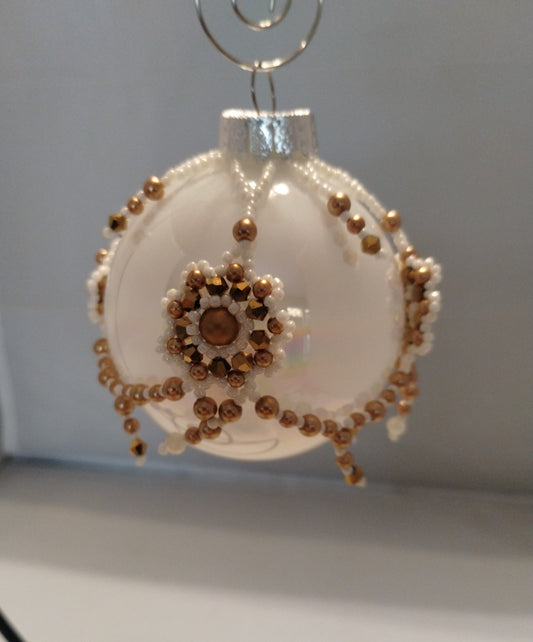Hand crafted beaded, ornament cover, glass Czech beads, gold and crystal floral ornament,  glass ornament, Christmas ornament, Christmas bauble,