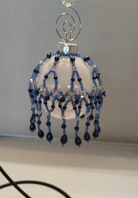 Hand crafted beaded, ornament cover, glass Czech beads, sapphire blue drop ornament, glass ornament, Christmas ornament, Christmas bauble