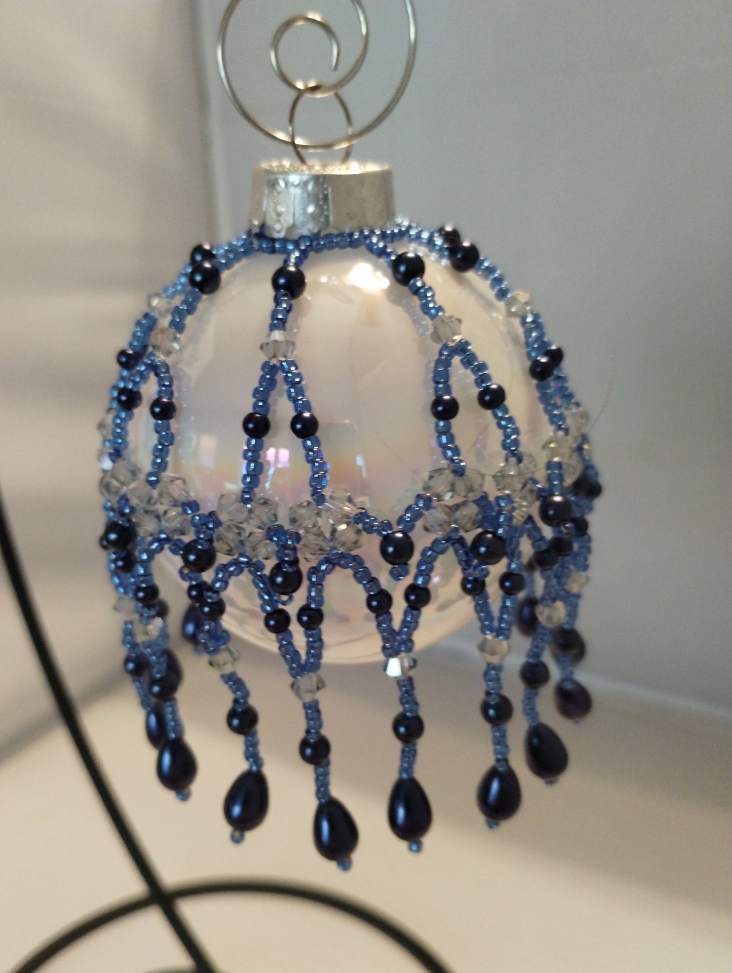 Hand crafted beaded, ornament cover, glass Czech beads, sapphire blue drop ornament, glass ornament, Christmas ornament, Christmas bauble