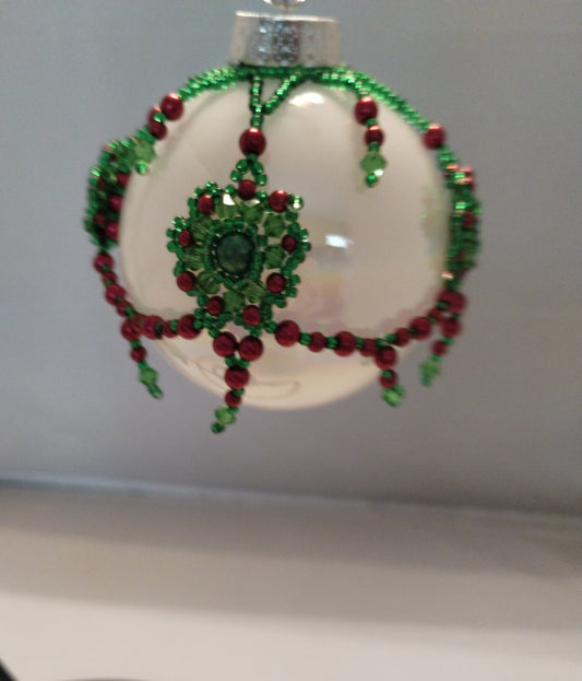 Hand crafted beaded, ornament cover, glass Czech beads, green floral ornament, glass ornament, Christmas ornament, Christmas bauble