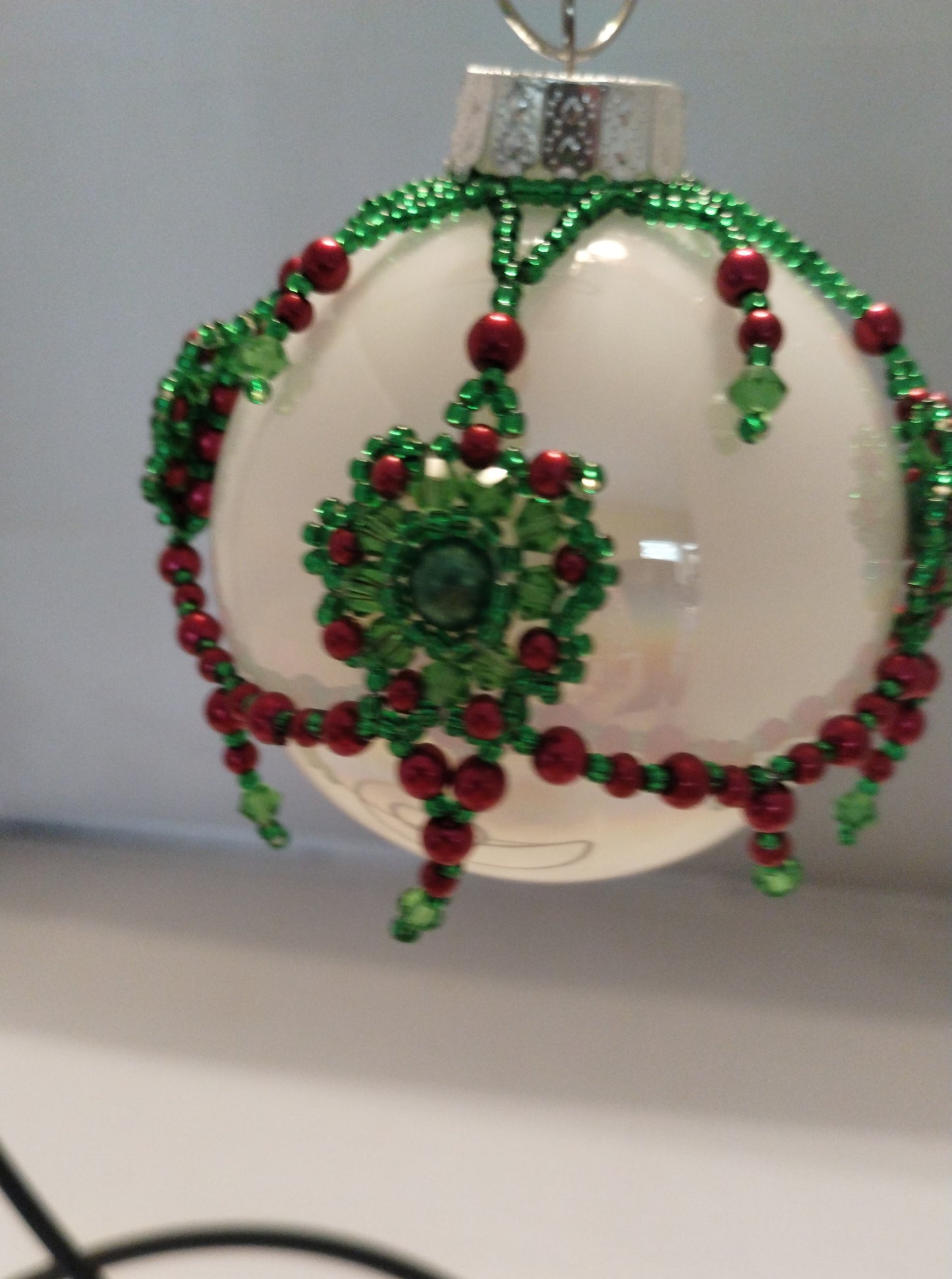 Hand crafted beaded, ornament cover, glass Czech beads, green floral ornament, glass ornament, Christmas ornament, Christmas bauble