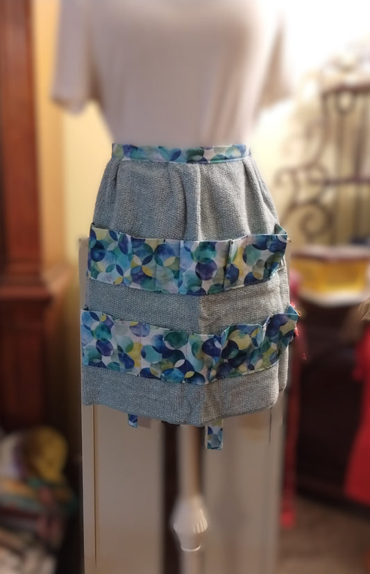 terry egg gathering apron, &nbsp;crafting apron, terry pocket apron, gardening apron, &nbsp;versatile apron, green blue pockets, gift for her,