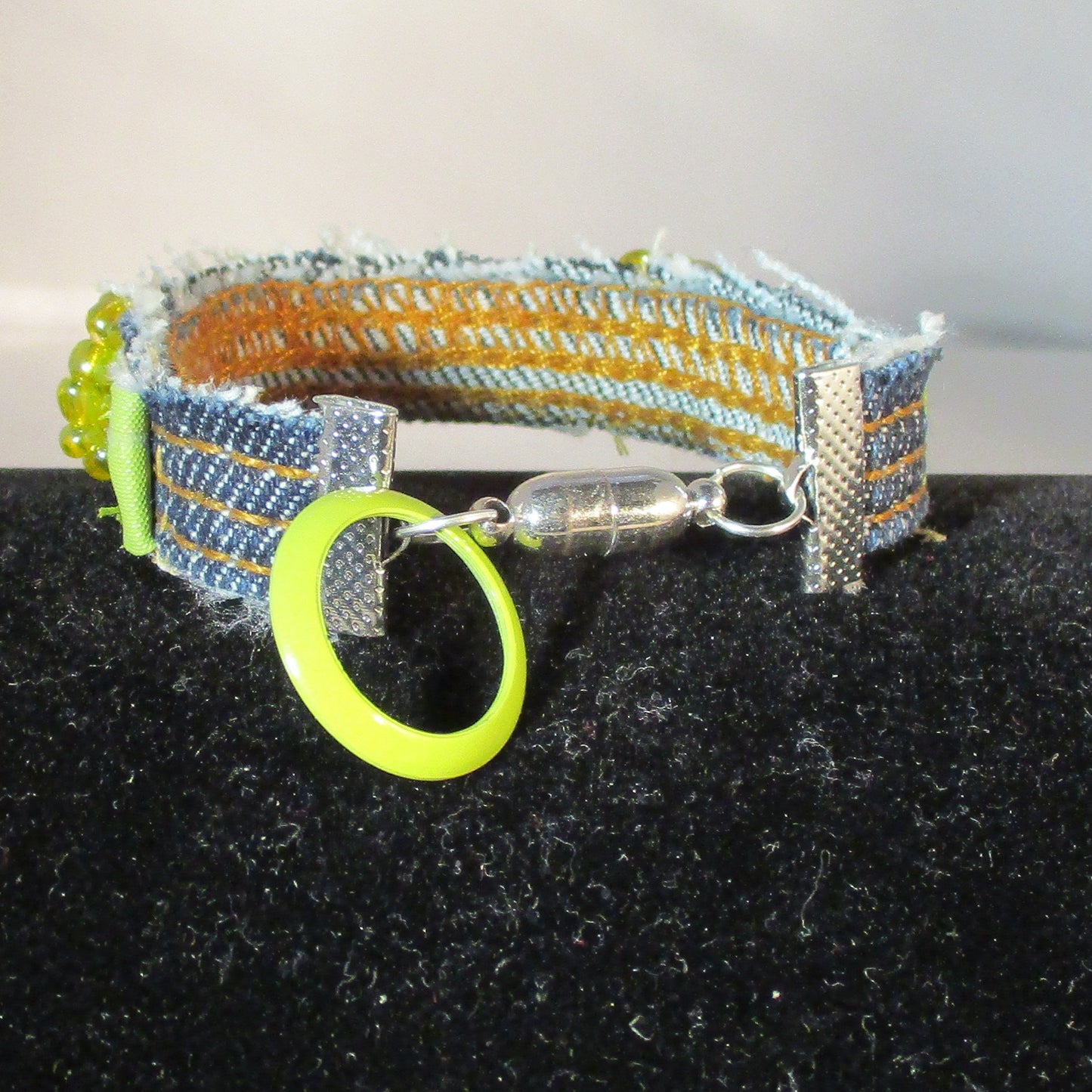 DENIM AND LEATHER upcyycled bracelet green / yellow