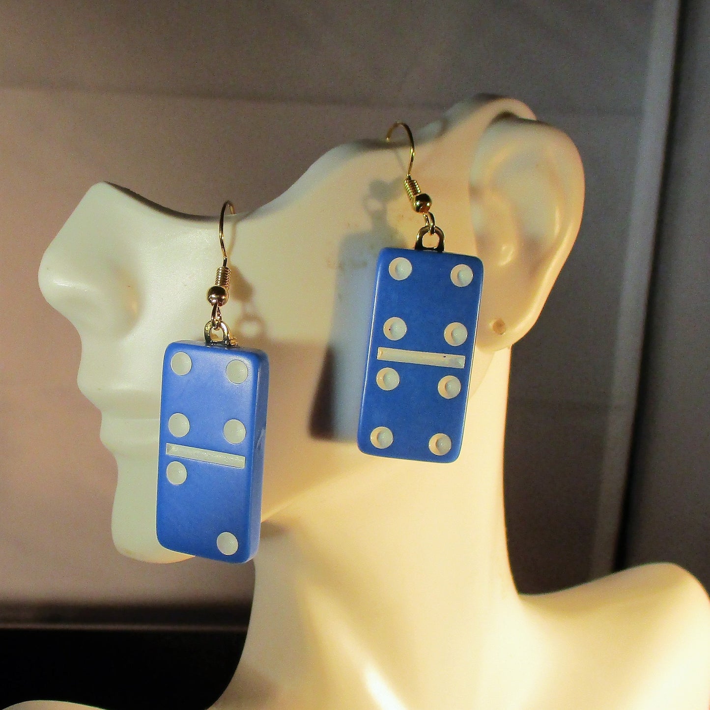 MINATURE DOMINO EARRINGS blue color, game piece jewlery