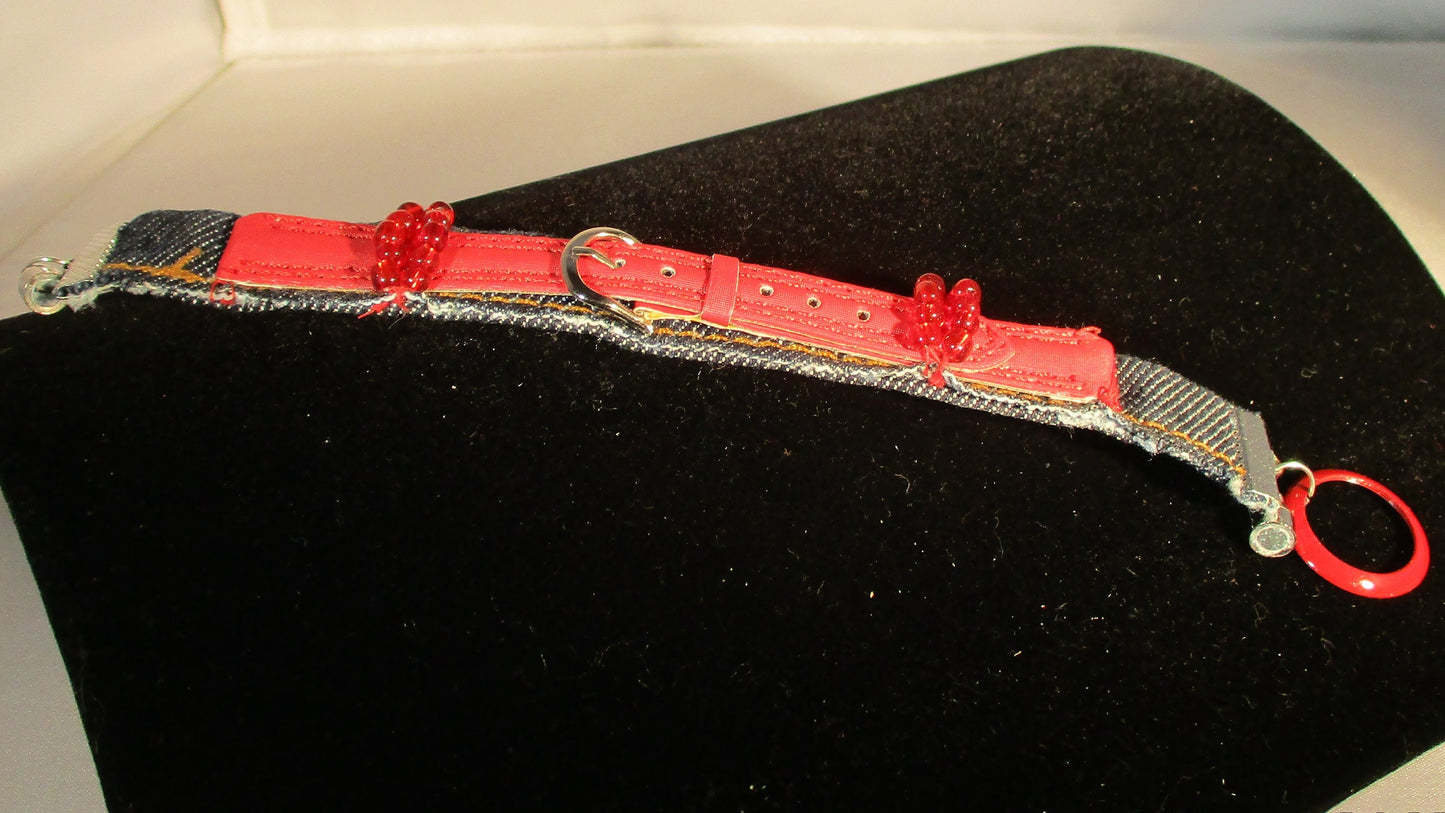 DENIM AND LEATHER upcyycled bracelet red