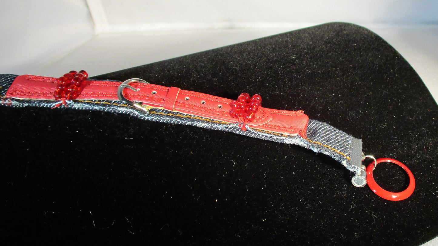 DENIM AND LEATHER upcyycled bracelet red