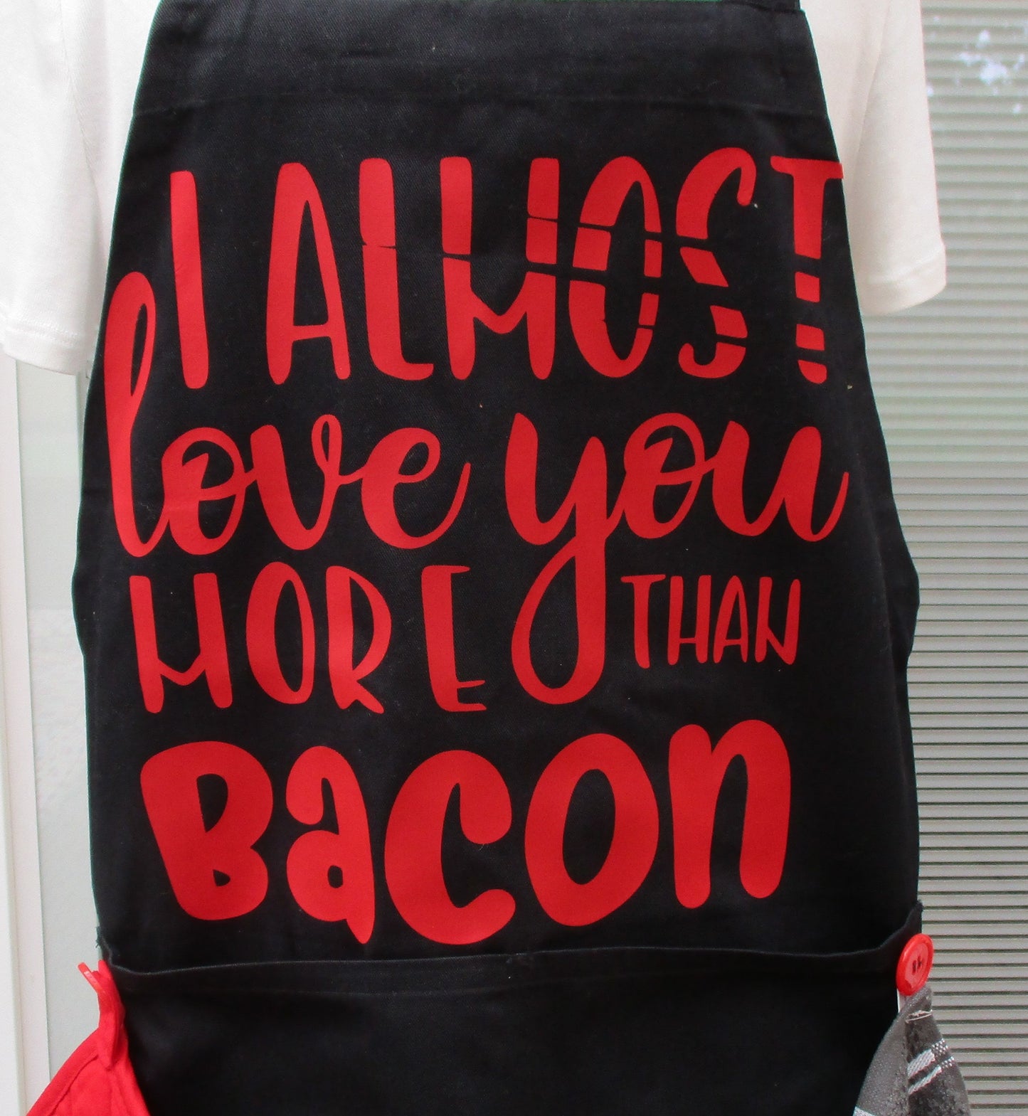 BBQ GRILLING APRON love you more than bacon red.  with removable hot pad and hand towel