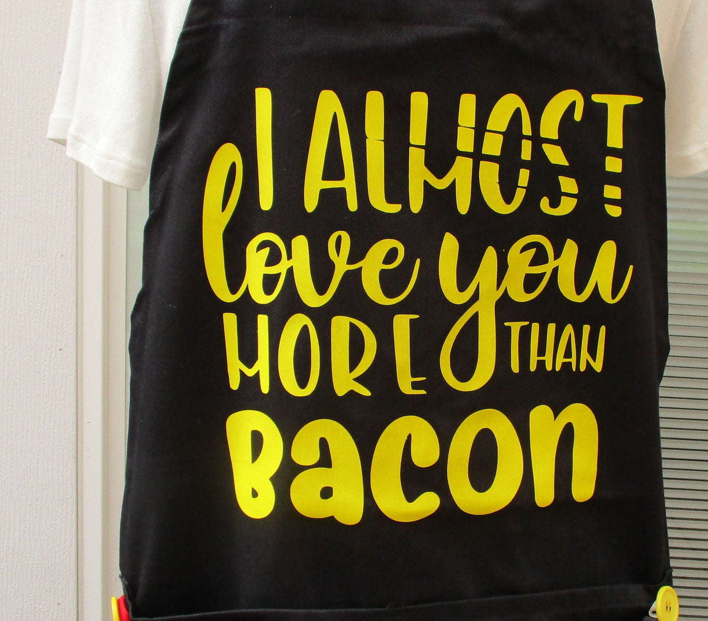 BBQ GRILLING APRON love you more than bacon yellow.  with removable hot pad and hand towel