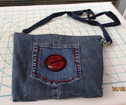 DENIM CROSSBODY PURSE red black caboshon