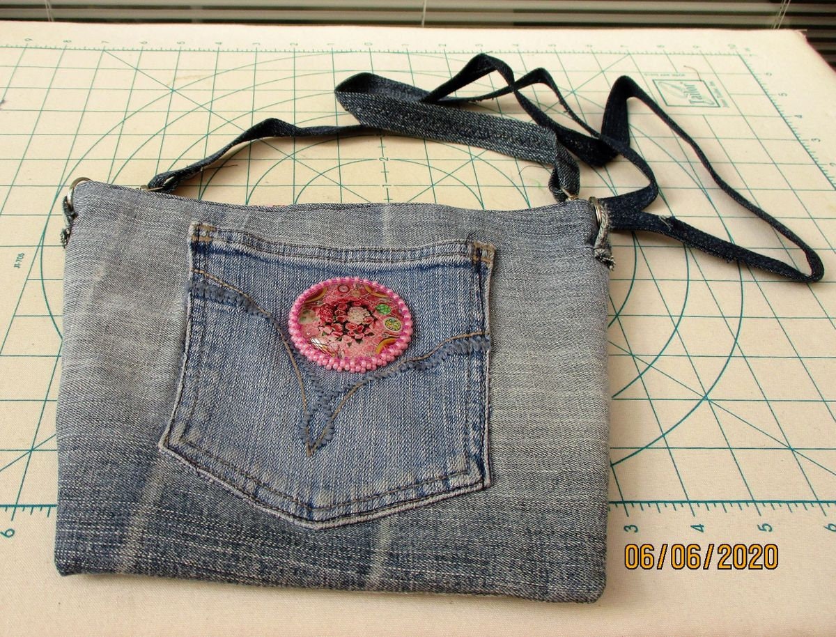 DENIM CROSSBODY PURSE pink flower beaded caboshon