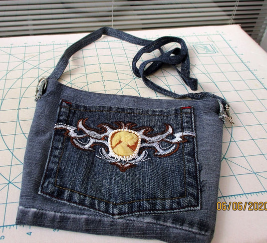 DENIM CROSSBODY PURSE beaded cameo caboshon