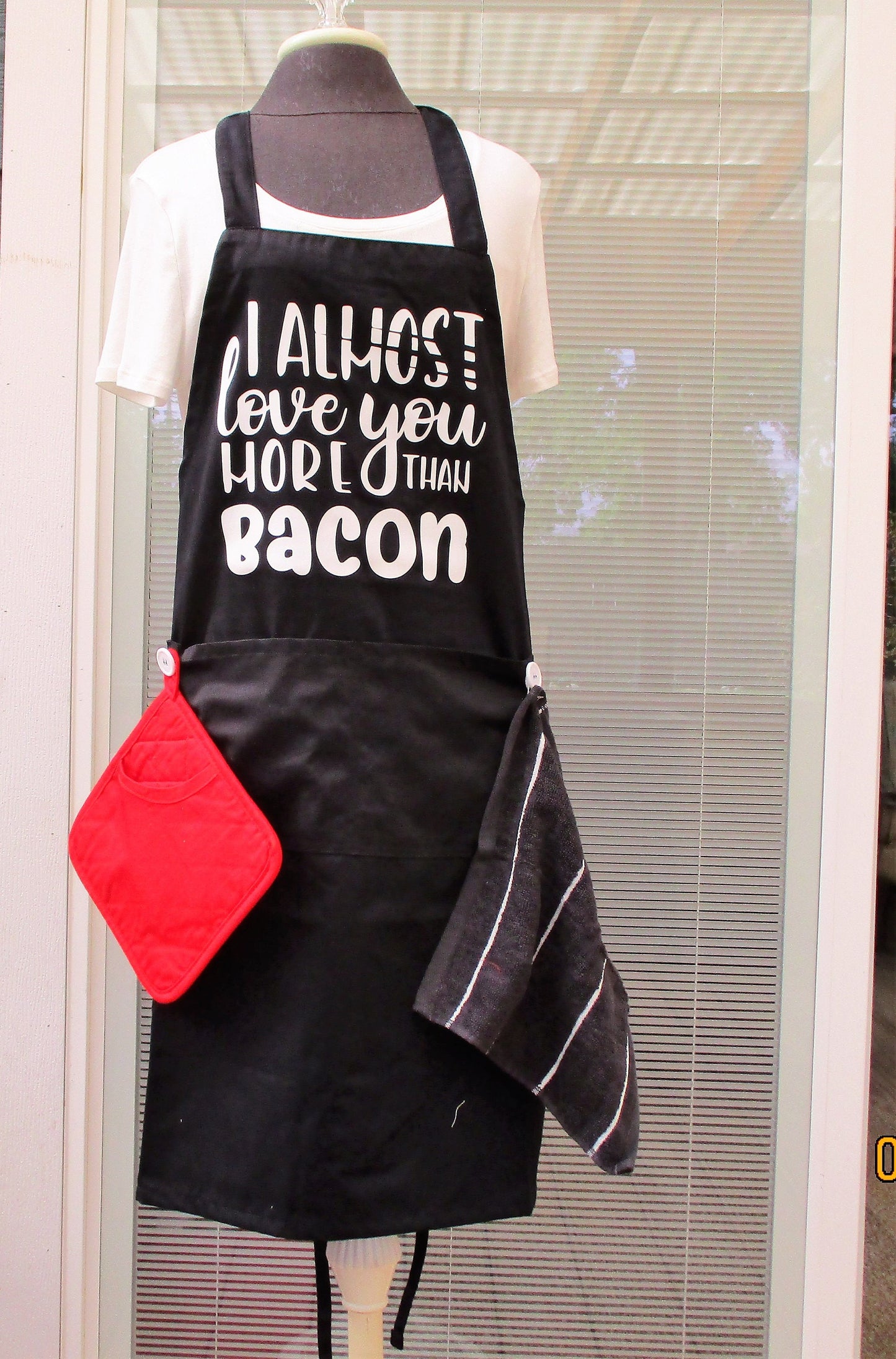 BBQ GRILLING APRON love you more than bacon white.  with removable hot pad and hand towel