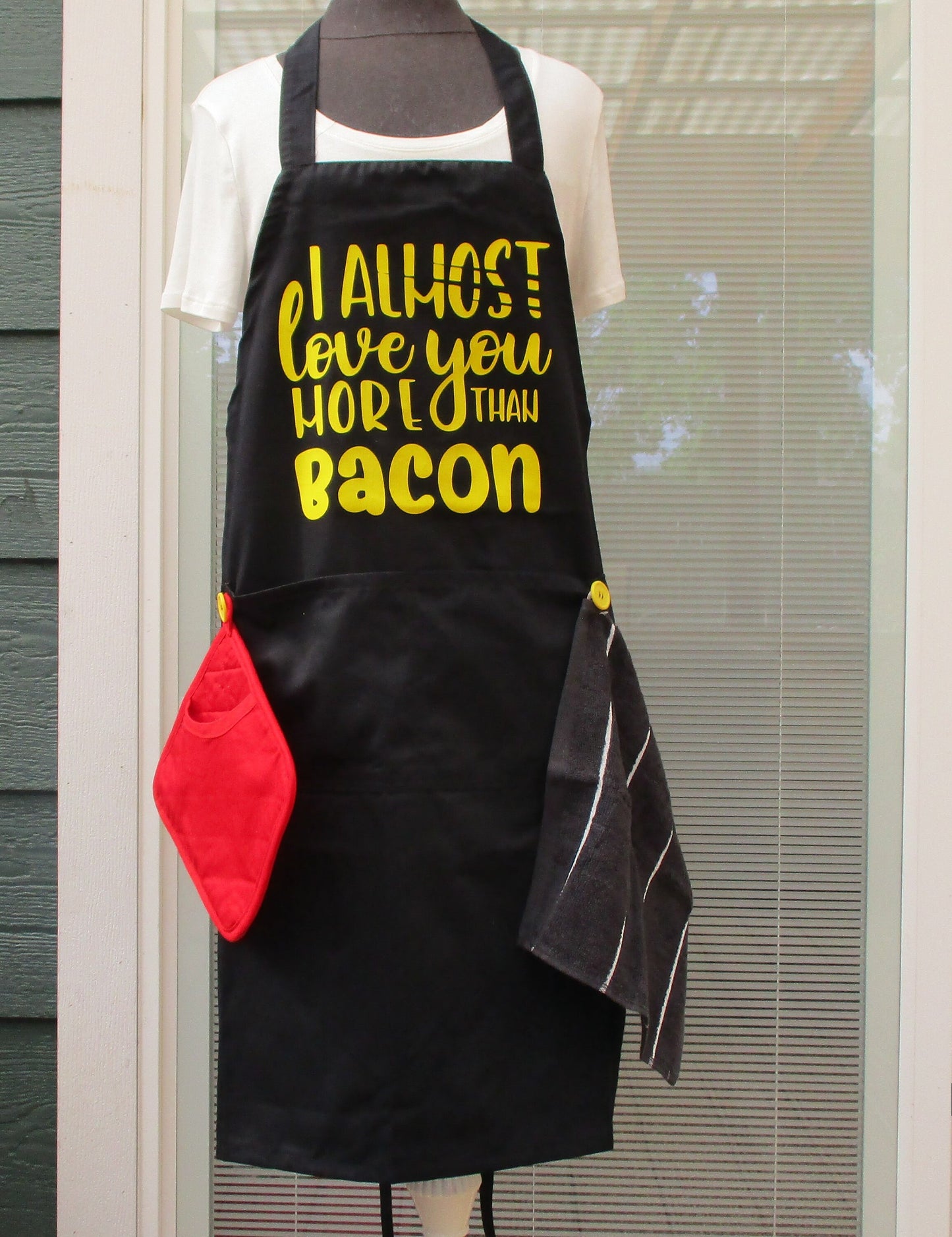 BBQ GRILLING APRON love you more than bacon yellow.  with removable hot pad and hand towel