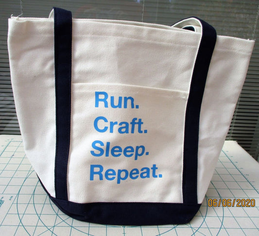 CANVAS TOTE BAG run. craft. sleep. repeat blue