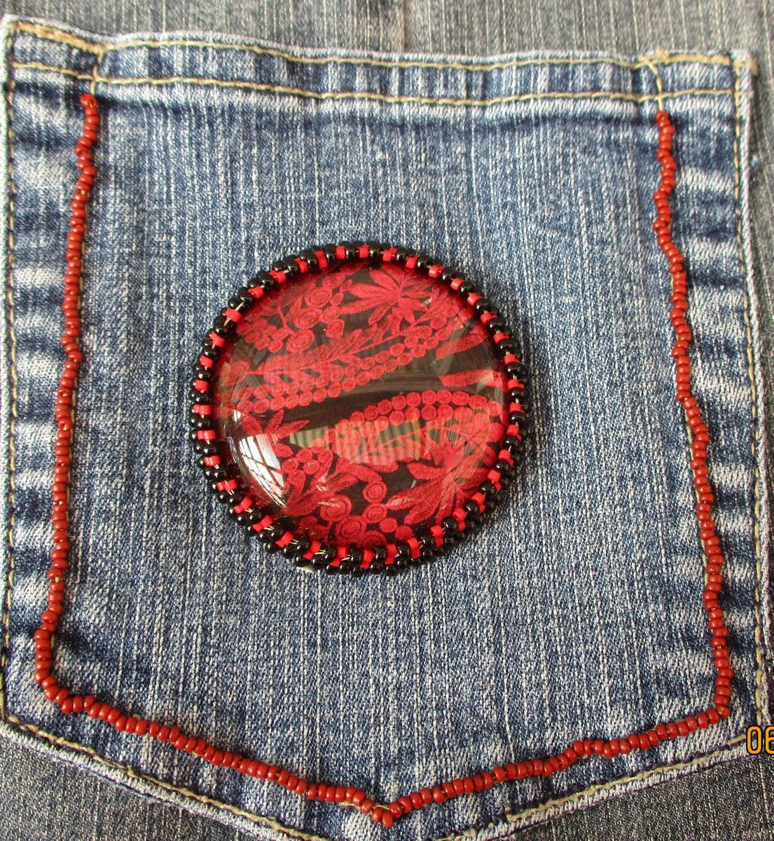 DENIM CROSSBODY PURSE red black caboshon