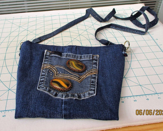 DENIM CROSSBODY PURSE brown beaded stones