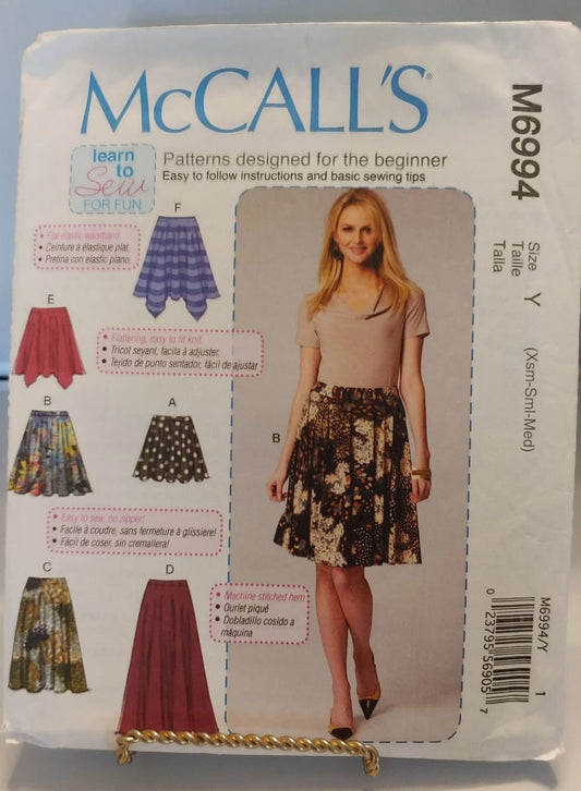 McCALL'S SKIRTS 6 variations, size xsm-med pattern #6994 in new uncut condition