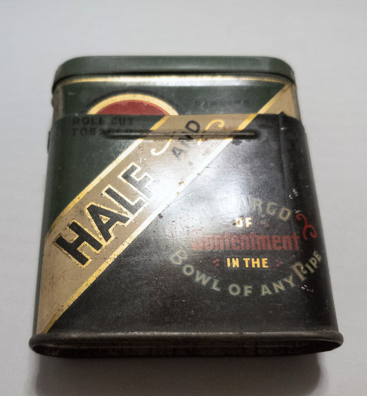 HALF AND HALF, tobacco can, with telescoping inside that moved up as you used the, tobacco tin 1930, tobacciana