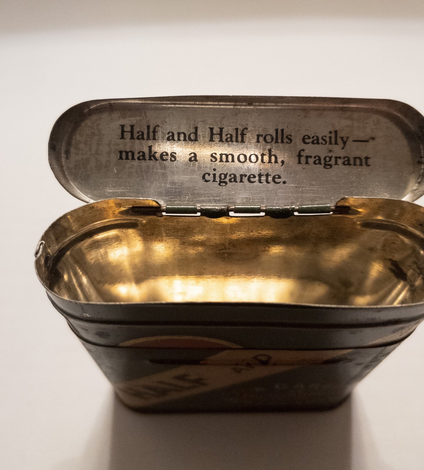 HALF AND HALF, tobacco can, with telescoping inside that moved up as you used the, tobacco tin 1930, tobacciana