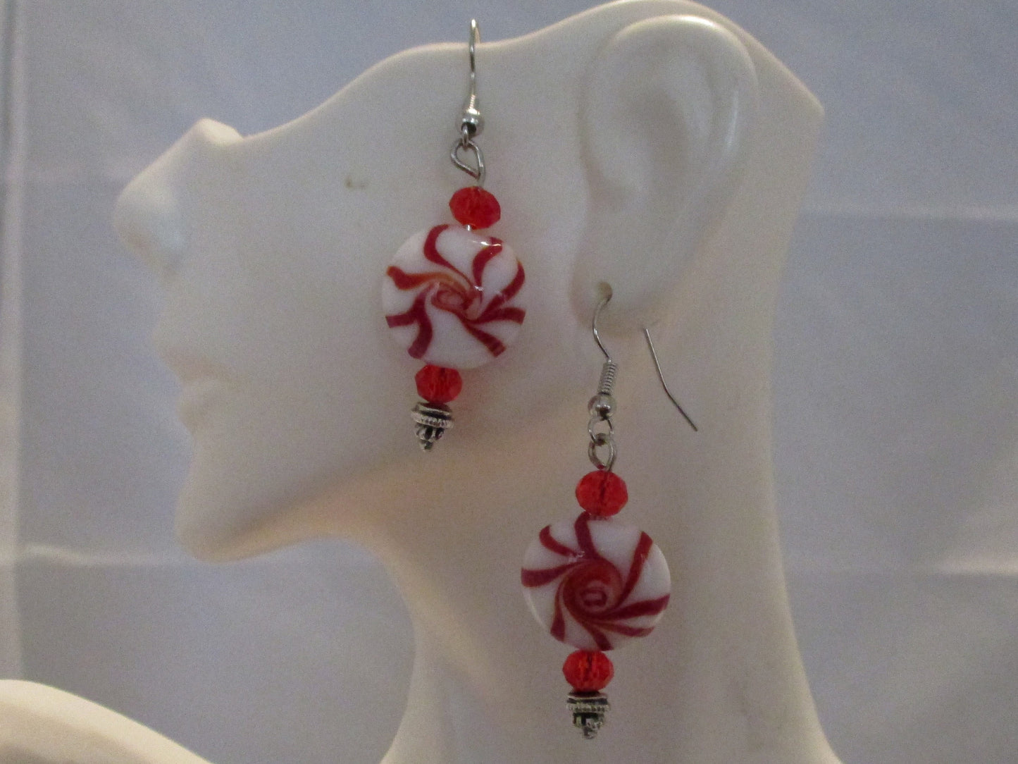 peppermint candy earrings, Christmas earrings, designer earrings, beaded Christmas earrings,