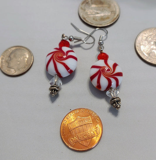 peppermint candy earrings, Christmas earrings, designer earrings, beaded Christmas earrings,