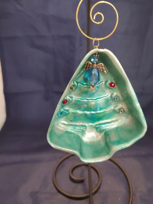 Vintage Jell-o mold, Christmas tree, with, blue angel, crystal accents, window décor, gift tag