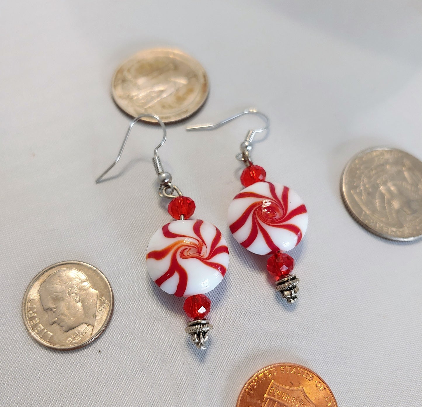 peppermint candy earrings, Christmas earrings, designer earrings, beaded Christmas earrings,