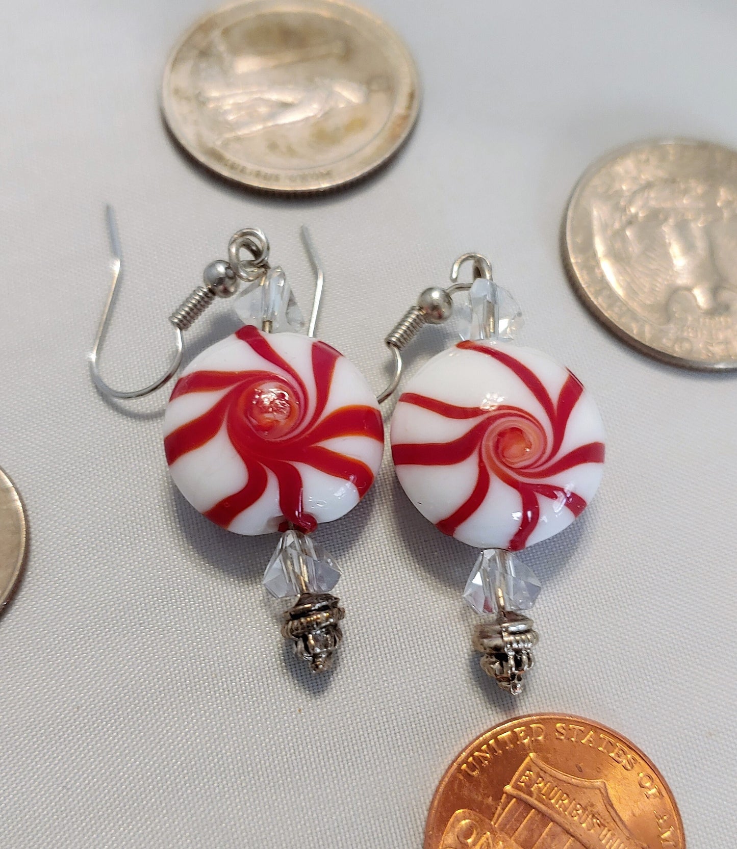 peppermint candy earrings, Christmas earrings, designer earrings, beaded Christmas earrings,