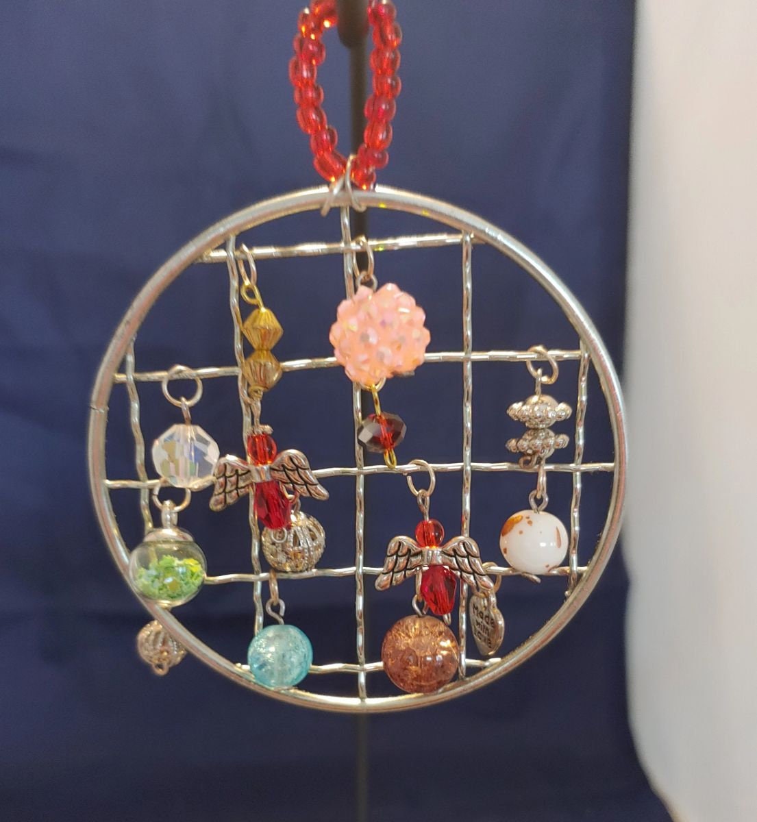 Round Christmas ornament, with, beaded charms, tree ornament, window decor, suncatcher,