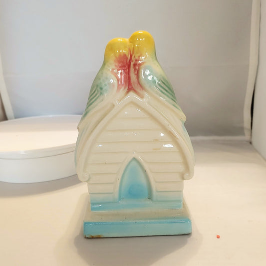 vintage lovebird planter, ceramic planter, Roseville Ohio planter, numbered planter, birdhouse planter, 1950's planter, home decor