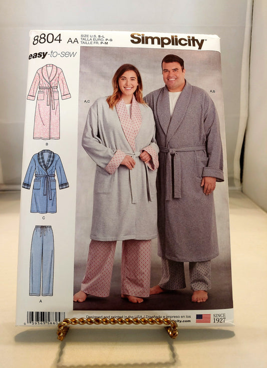 Simplicity pattern, womens and mens robe, this robe is in 2 lengths, womens pull n pants, mens pull on pants, 8804,  size sm-lg,  new uncut