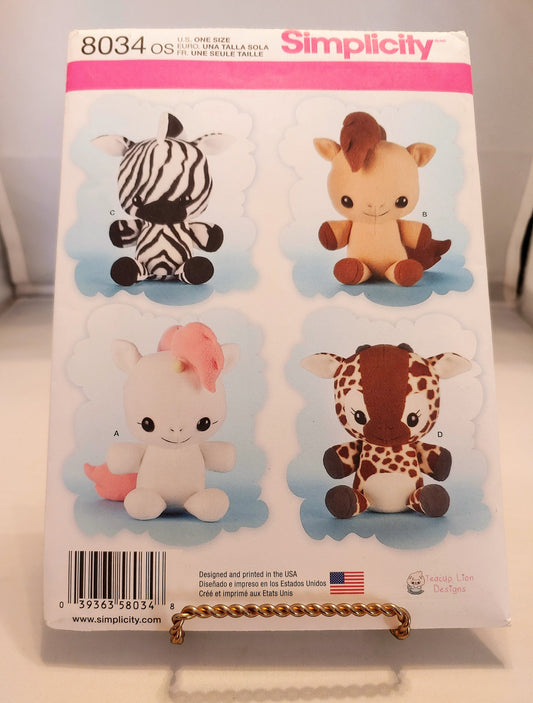 Simplicity pattern, stuffed Unicorn, stuffed horse, stuffed zebra, stuffed giraffe,  stuffed animal pattern, 8034,  uncut condition,