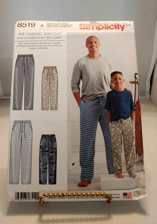 Simplicity pattern, boys and mens pants, slim fit pants, boys lounge pants, mens lounge pants, 8519,  size xsm-xlg,  closer fit, new uncut