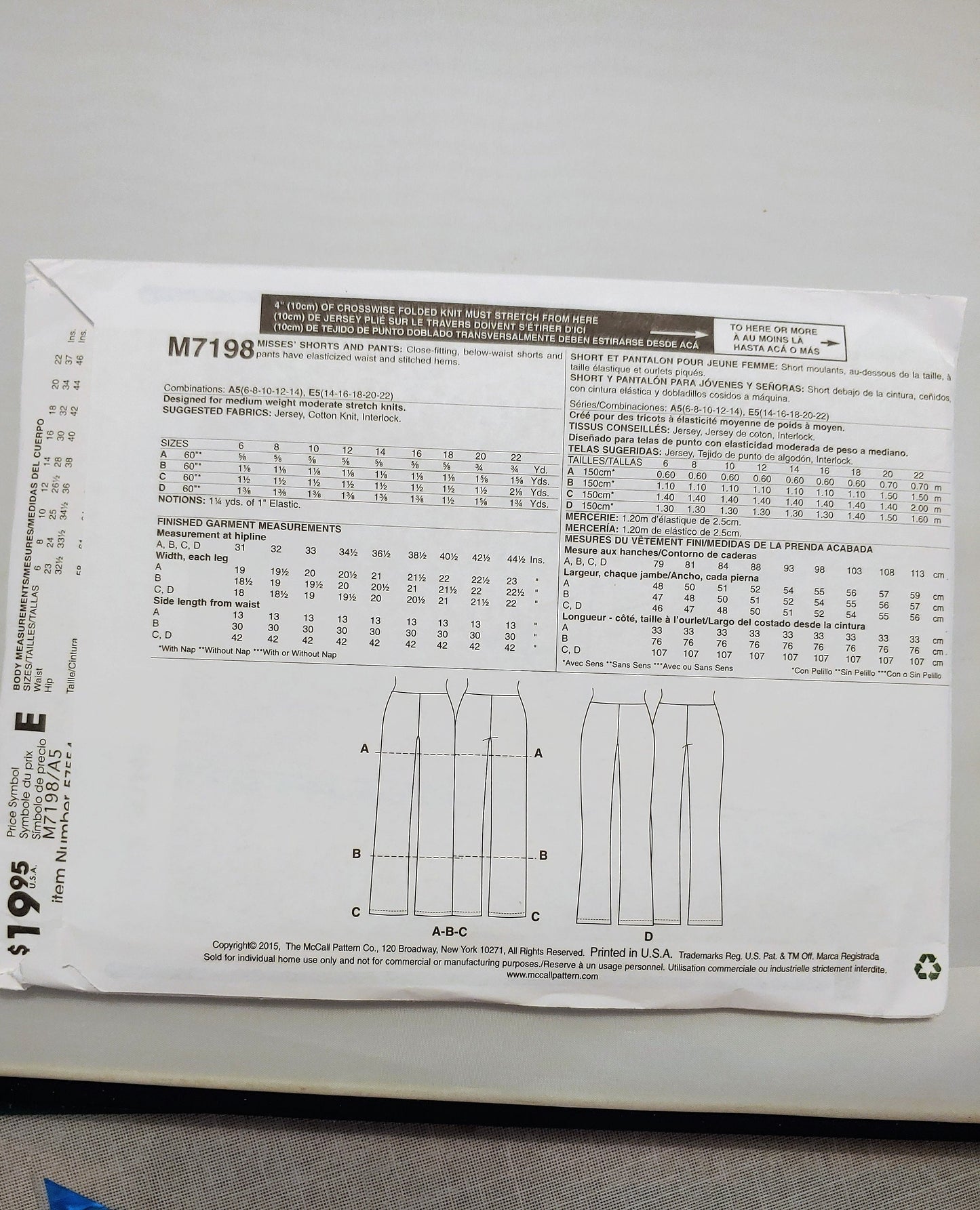 McCalls pattern, beginner pattern,learn to sew, misses pants,  misses shorts, close fitting, below waist pant,  number 7198, sizes 6-14