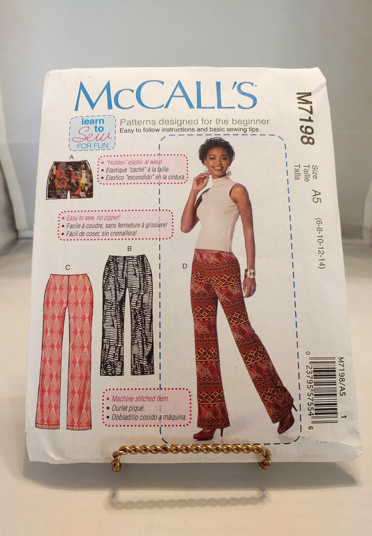 McCalls pattern, beginner pattern,learn to sew, misses pants,  misses shorts, close fitting, below waist pant,  number 7198, sizes 6-14