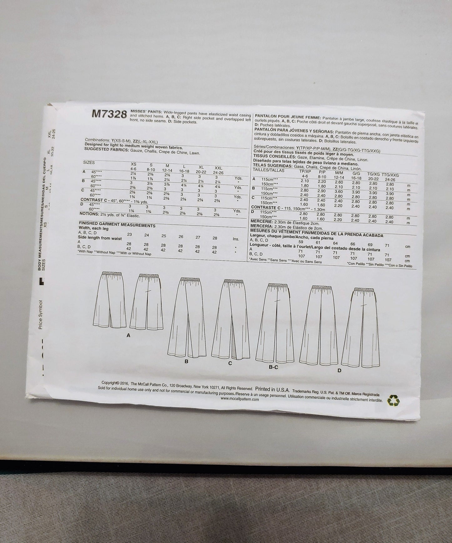 McCalls pattern, misses pants,  misses wide leg pants, variation lengths,   number 7328, sizes lg-xxlg, gift for the sewer,  uncut condition