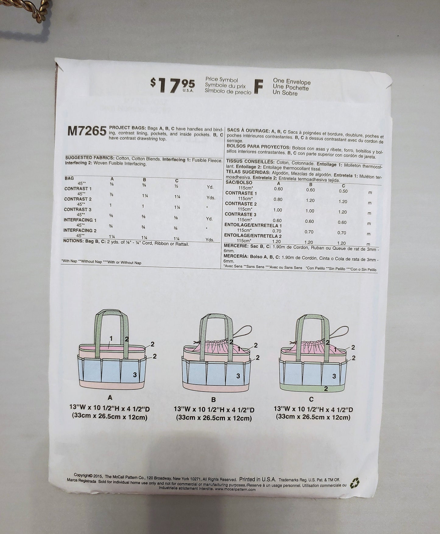 McCalls pattern, bag pattern, purse pattern, gift for sewers, project bags, craft totes, new uncut condition, one size, number 7265