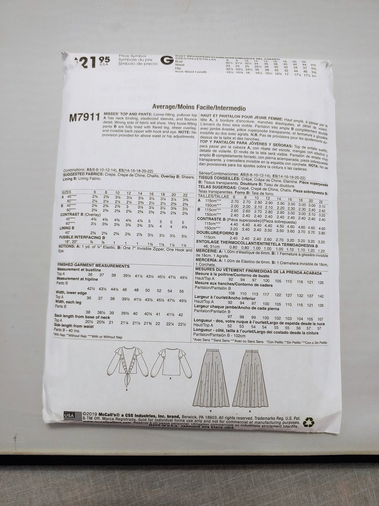 McCalls pattern, misses tops and pants,  misses wide leg pants, pullover tops, loose fitting top, 7911, size 14-22  uncut condition