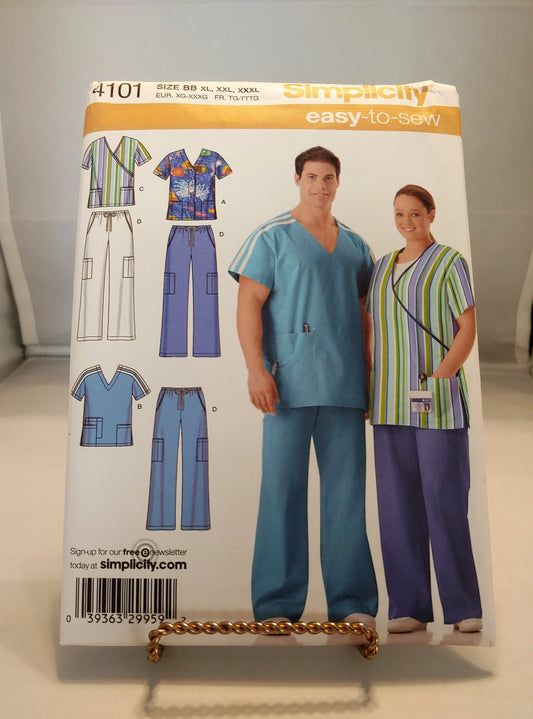 Simplicity pattern,misses and mens  scrubs, scrub top, scrub pants, number 4101,  size Xlg-XXX lg, new uncut condition, easy to sew