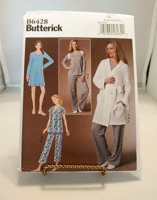 McCalls pattern, misses shorts and pants,  misses robe, misses nightgown, misses sleep set, 6428, size lg-xxlg, uncut condition