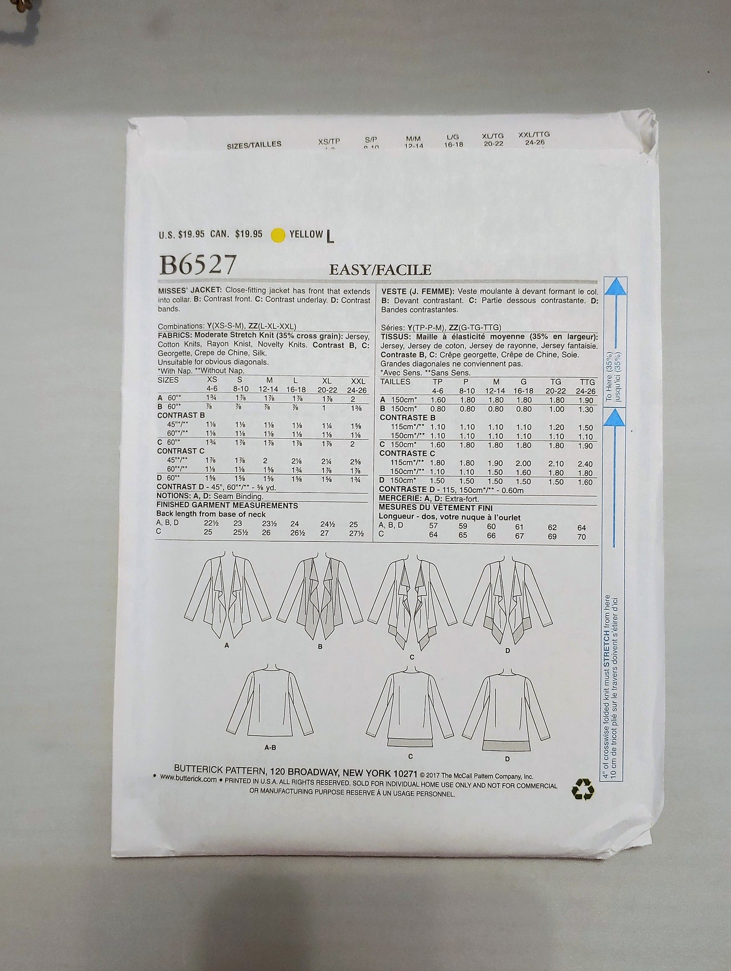 Butterick pattern, misses jacket, close fitting jacket, jacket variations, number 6527, size lg-xxlg, uncut condition