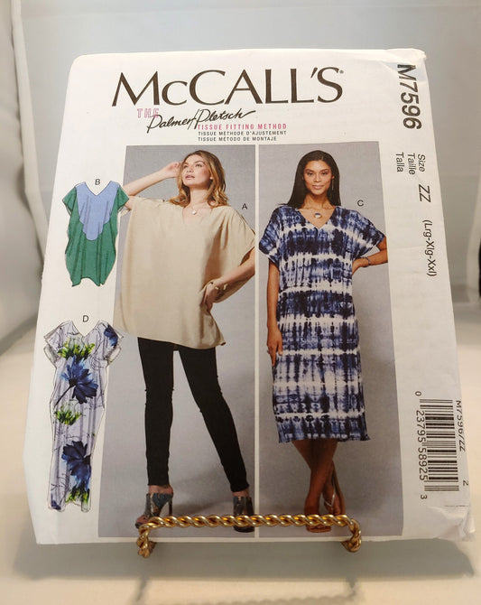 McCalls pattern, misses tunic,  misses dress,  loose fitting tunic, pullover dress, pullover tunic, number 7596, size lg-xxlg, uncut