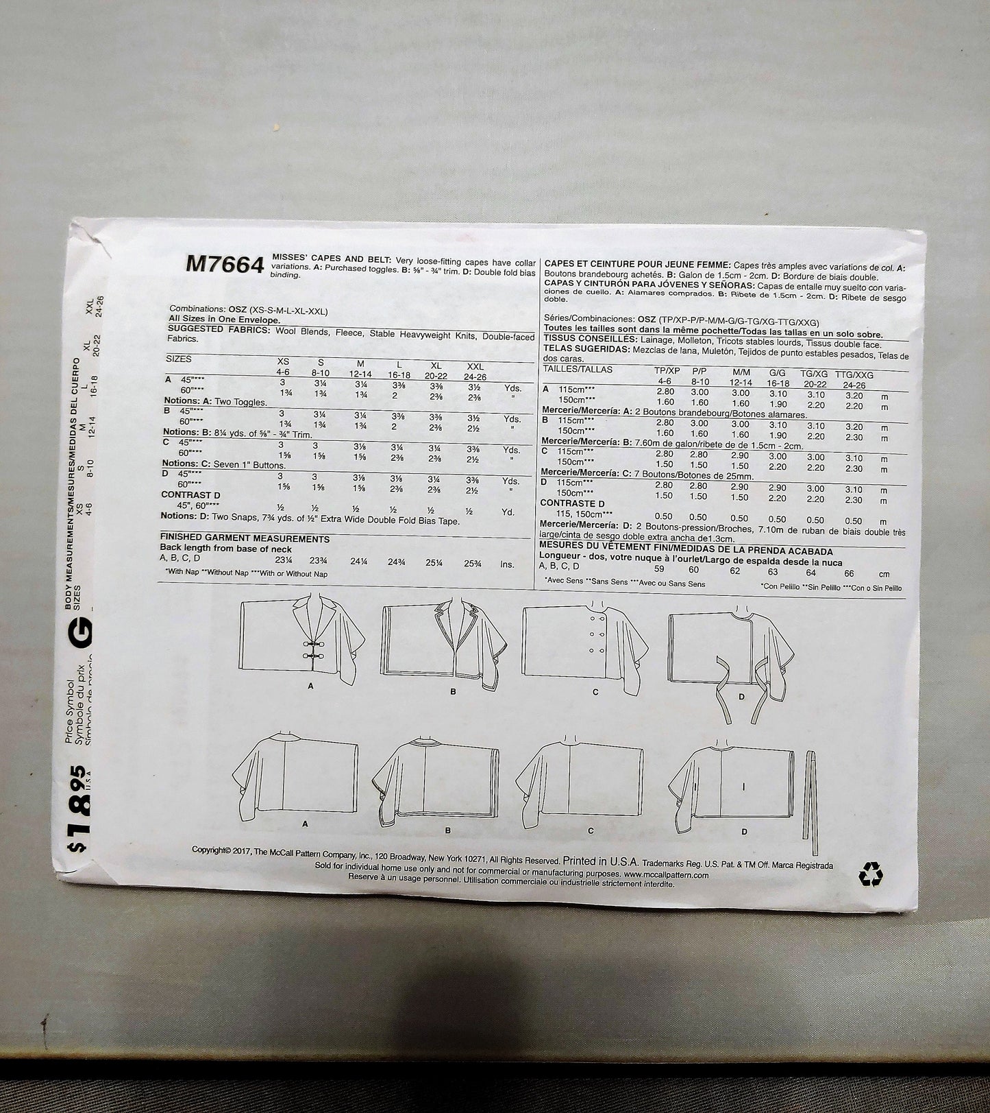 McCalls pattern, misses capes, womens capes, misses belts, loose fitting cape, misses jacket, number 7664,  size Xsm-XXlg